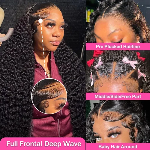 Vista 2 de Pelucas de cabello humano ondulado profundo con encaje frontal 13x6, densidad del 200%, pelucas de cabello humano con encaje frontal HD pre