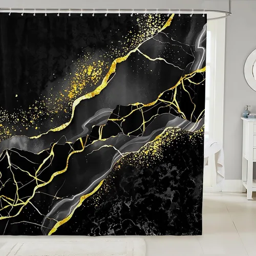 Vista 18 de Erosebridal Cortina de ducha de mármol negro, 72 pulgadas de ancho x 72 pulgadas de largo, juego de baño con grietas doradas, tela de textura