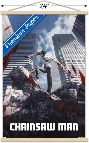 Vista 3 de Trends International Chainsaw Man - Póster de pared de arte clave, 22.37 x 34.00 pulgadas, paquete de impresión premium y colgador de madera de haya