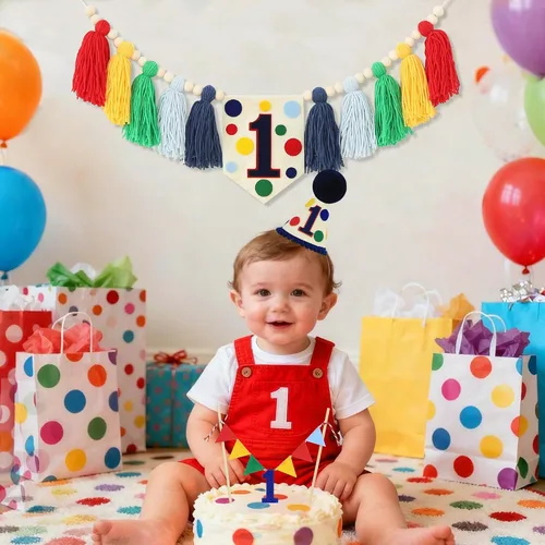 Vista 3 de Cartel para decoración de primer cumpleaños con texto en inglés Verde Azul Amarillo