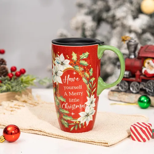 Vista 2 de Topadorn Taza de café de cerámica de 17 onzas con tapa y caja de regalo, taza de té de porcelana roja festiva, apta para microondas y lavavajillas