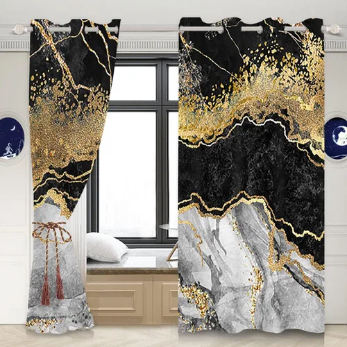 Vista 2 de Cortinas opacas de mármol negro y gris para hombre joven, estilo gótico, decoración de sala de estar, cortinas abstractas de rayas doradas, juego