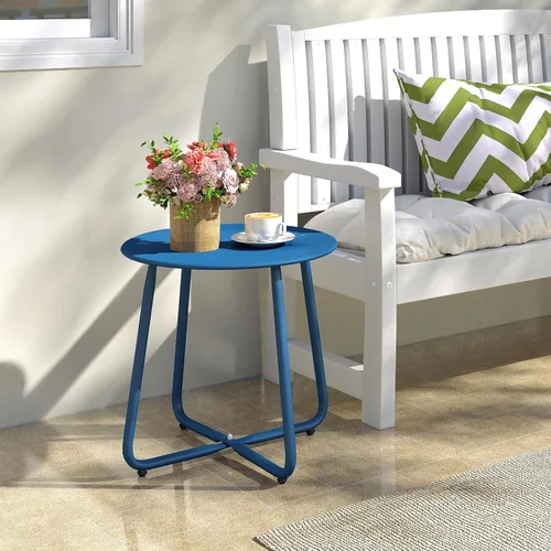 Vista 2 de HollyHOME Mesa auxiliar redonda de metal, resistente al óxido, soporte para plantas pequeñas para patio, mesa auxiliar portátil para exteriores