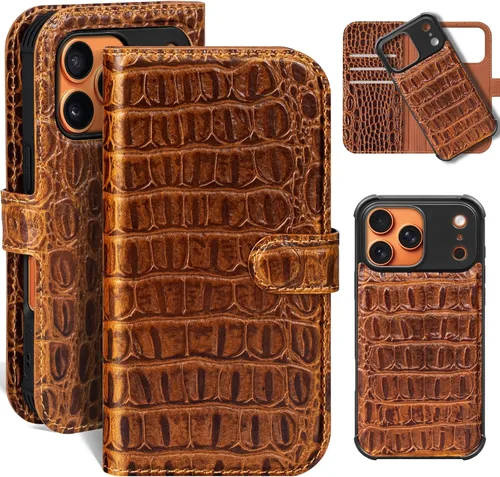 Vista 31 de Funda de cuero compatible con iPhone 16 Pro Max Cartera 6.9", cuero genuino 2 en 1, magnética, desmontable, a prueba de golpes, funda tipo folio