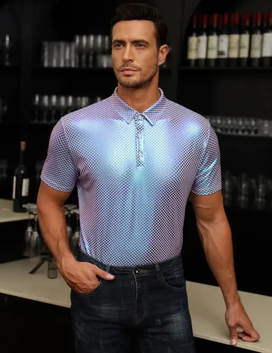 Vista 4 de TURETRENDY Camisa de discoteca de los años 70 para hombre, con lentejuelas brillantes, manga corta, para fiesta, polo hipster, discoteca, baile