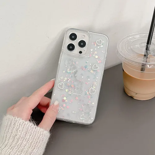 Vista 4 de Funda de teléfono para iPhone XR, bonito diseño transparente con purpurina de oso 3D para iPhone XR, para mujeres y niñas, a prueba de golpes