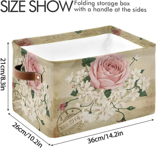 Vista 4 de ALAZA Shabby Chic - Caja de almacenamiento plegable con diseño floral de rosas, cestas organizadoras con asas para estantes, armario, sala de estar