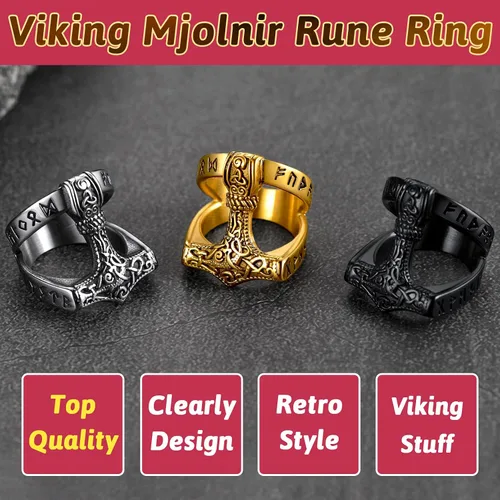 Vista 5 de FaithHeart Norse Viking Jewelry - Anillo de acero inoxidable de guerrero para hombre con diseño vikingo de cabeza de lobomartillo de Thor
