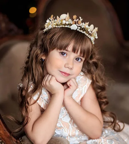 Vista 3 de Campsis Corona dorada para niñas, corona de concha, pieza de pelo de princesa, cumpleaños, cosplay, accesorios para el cabello para mujeres y niñas