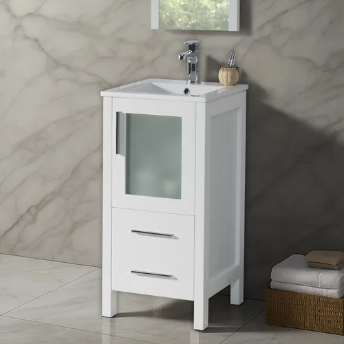 Vista 10 de Blossom Tocador de baño de madera maciza espresso de 16 pulgadas con fregadero, pequeño gabinete independiente con fregadero de cerámica y puerta