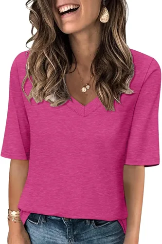 Vista 16 de Minetom Camisetas de verano básicas de media manga con cuello en V para mujer