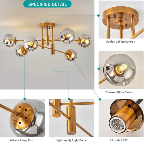 Vista 6 de DDLLDESHI Lámpara de araña de 6 luces dorada con cubierta esférica de vidrio Sputnik, lámpara de techo de 34" de gran tamaño para comedor, lámparas