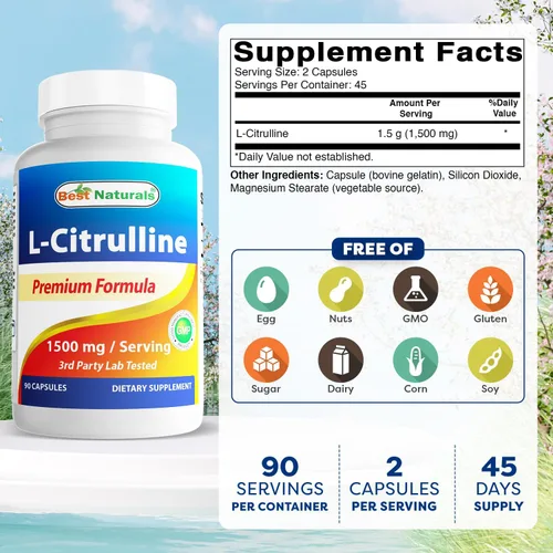 Vista 2 de Best Naturals Cápsulas de L-citrulina – 1500 mg/porción – Sin OMG – Sin gluten – 90 cápsulas (90 unidades (paquete de 1))