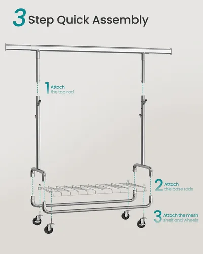 Vista 6 de SONGMICS Perchero de Ropa, Perchero de Ropa Rodante de Servicio Pesado con Ruedas, Barra Colgante Extensible y Altura Ajustable, Portátil, con Plata