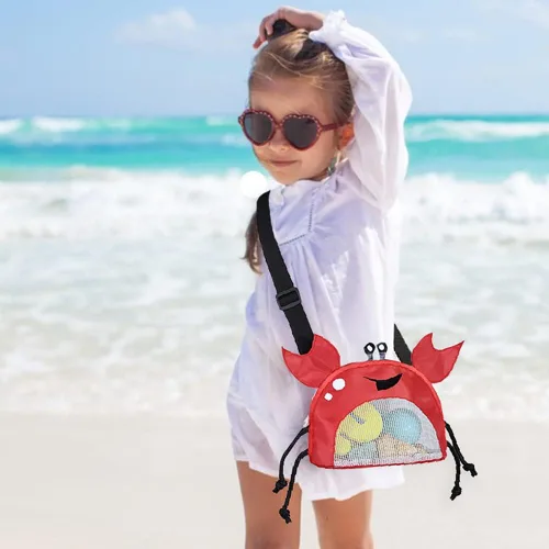 Vista 8 de Bolsa de malla de cangrejo para playa, bolsas de recolección de conchas de playa, juguetes de conchas de playa, correa ajustable para el hombro