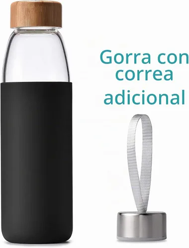 Vista 2 de Botellas de agua de vidrio de borosilicato de 18 onzas con tapa de bambú, sin BPA, funda de silicona antideslizante y tapa a prueba de fugas de Negro