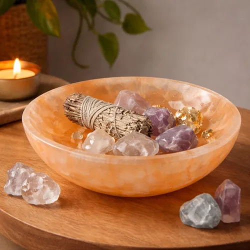 Vista 2 de Soul Sticks Cuencos de cristal de selenita para manchas, curación y recarga de cristales, cuenco de selenita pura y estación de carga de cristal