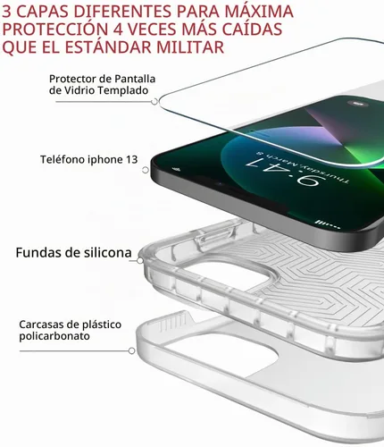 Vista 6 de Diverbox Funda para iPhone 13 [a prueba de golpes] [a prueba de caídas] [protector de pantalla de vidrio templado], funda de protección resistente