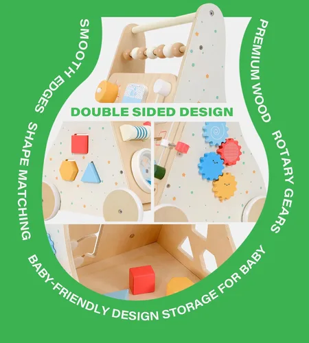 Vista 4 de Andador de madera para bebés, centro de actividades Montessori 8 Andador de bebé con ruedas de velocidad ajustable y almacenamiento trasero, juguete