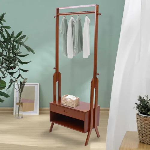 Vista 9 de Perchero de ropa 2 en 1, soporte resistente para colgar ropa con armario de almacenamiento, 4 ganchos, para dormitorios universitarios, campamentos