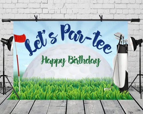 Vista 4 de Telón de fondo de cumpleaños de golf de 7 x 5 pies, Let's Par-Tee, campo de golf, tema deportivo para fiesta de cumpleaños, decoración de mesa