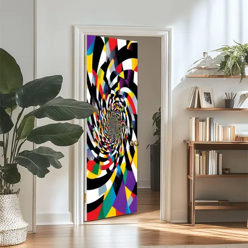Vista 3 de Calcomanías para puerta, arte de pared 3D con mareos, color blanco y negro, colores primarios, murales, papel tapiz autoadhesivo para puerta, póster