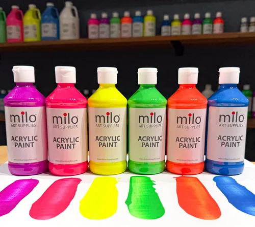 Vista 5 de milo Juego de 6 pinturas acrílicas fluorescentes Botellas de 4 onzas Paquete de pintura acrílica de colores neón para estudiantes Hecho