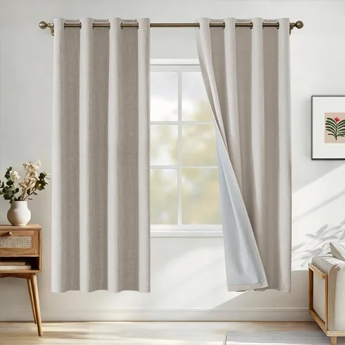 Vista 104 de Cortinas 100% opacas para dormitorio, cortinas opacas de 63 pulgadas de largo, cortinas opacas de lino para sala de estar, cortinas con ojales