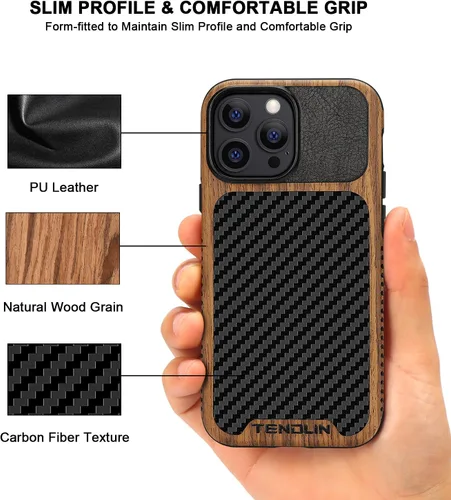 Vista 3 de TENDLIN Compatible con iPhone 13 Pro Max, funda de grano de madera con textura de fibra de carbono, funda híbrida de cuero compatible con iPhone 13
