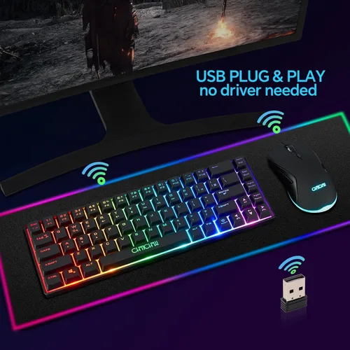 Vista 7 de CHONCHOW Combo de teclado y mouse inalámbricos 60 % para juegos, retroiluminación RGB recargable con luz LED, mouse y teclado inalámbricos
