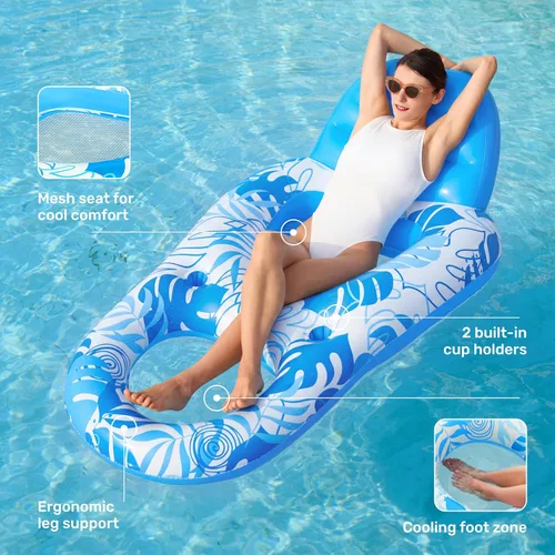 Vista 4 de Sloosh Flotadores inflables para piscina, tumbona para adultos, flotador de piscina flotante, silla reclinable flotante con portavasos y reposapiés