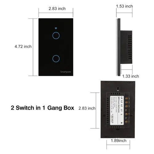 Vista 2 de Interruptor de luz táctil inteligente WiFi, 2 cuadrillas, estándar de EE. UU., panel de vidrio templado, función de temporizador, un solo polo