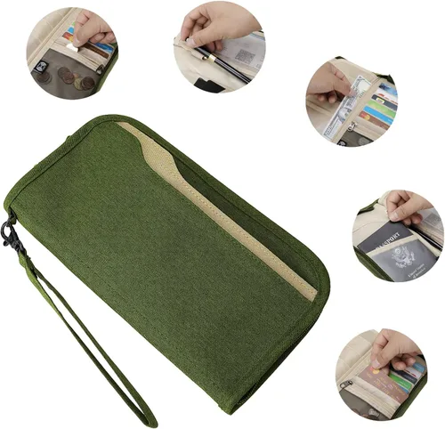 Vista 5 de ZOPPEN Cartera de viaje RFID y organizador de documentos con cremallera con correa de muñeca extraíble, Cartera RFID