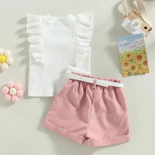 Vista 72 de TheFound Trajes de verano para niñas pequeñas, sin mangas, de punto acanalado, halter, pantalones cortos, ropa para recién nacidos, conjunto de 3
