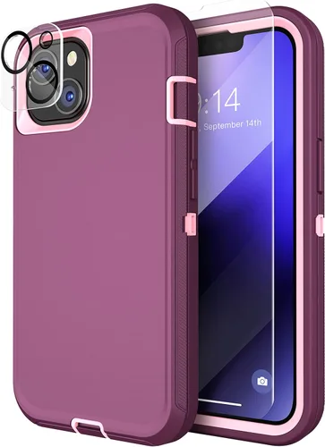 Vista 13 de MXX Funda resistente hecha para iPhone 14 con pantalla de vidrio templado, protector de lente de cámara de 3 capas, protección de cuerpo completo, a