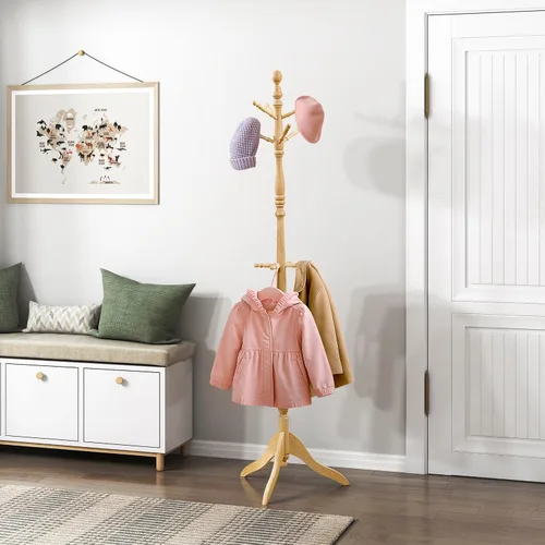 Vista 9 de Lexicon Perchero resistente de madera maciza con 9 ganchos para colgar para sombreros, bufandas, bolsos, perchero de madera de 3 niveles para árbol