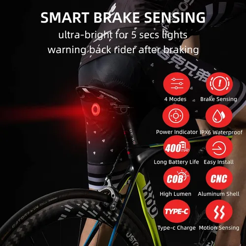 Vista 2 de ROCKBROS Luz Trasera de Bicicleta Inteligente, Luces Traseras de Bicicleta con Sensor de Freno para Paseo Nocturno, Luces Traseras LED
