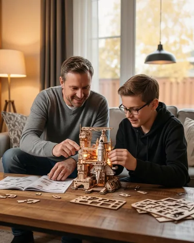 Vista 2 de ROKR 3D Puzzles - Modelo de transbordador espacial - Base de lanzamiento dinámica con elevación motorizada, efectos de luz LED, kit de construcción