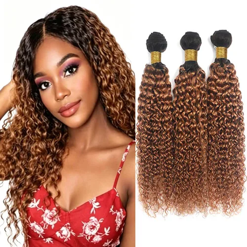 Vista 308 de P4613 Cabello humano rizado onda profunda marrón y paquetes mixtos 8 10 12 P4613 Ombre Marrón-Rubio-DP