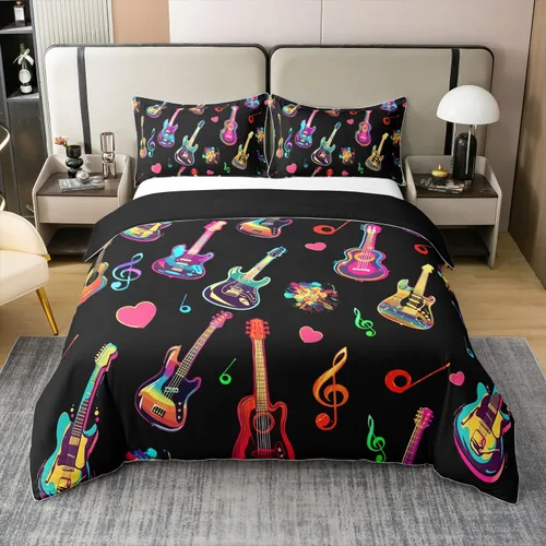 Vista 26 de Juego de funda de edredón de 100 % algodón con diseño de botas de vaquero para niños y niños, funda de edredón con estampado de notas musicales