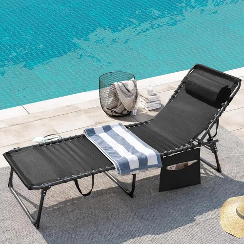 Vista 2 de Greesum Chaise Lounge Silla de bronceado plegable con respaldo ajustable de 5 posiciones, almohada desmontable y bolsillo exterior para piscina Negro