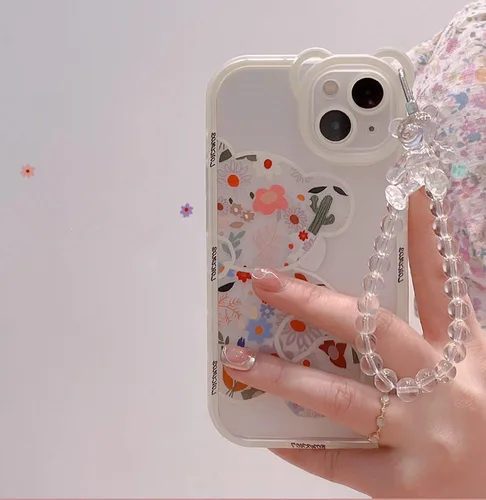 Vista 4 de Funda compatible con iPhone 8 Plus, bonito protector de cámara con diseño de oso de flores transparentes con bonita correa y cadena para niñas
