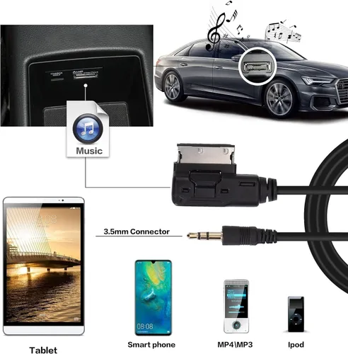 Vista 5 de Cable auxiliar AMI MDI MMI de 6.6 pies, adaptador de interfaz de música de audio Jack de 0.138 in, cable MP3 auxiliar para Audi