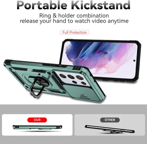Vista 6 de Funda para teléfono S21 Ultra, con funda para cámara, [grado militar] 16 pies. Funda probada contra caídas con funda protectora magnética para Verde