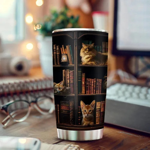 Vista 4 de 2IMT Taza de Libro para Gatos y Amantes de la Lectura Taza de Viaje para la Biblioteca Regalos para Amantes de los Libros y de los Gatos
