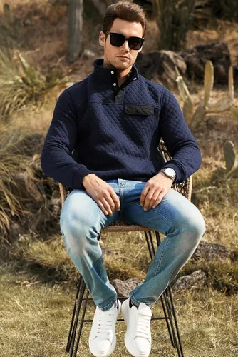 Vista 9 de JMIERR Sudadera acolchada para hombre, casual, de manga larga, cuello alto, con botones