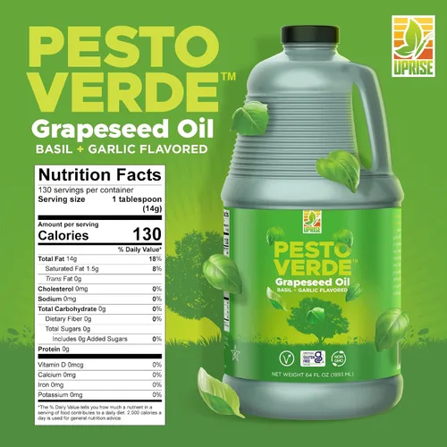 Vista 2 de Aceite de semilla de uva con sabor a ajo y albahaca, botella a granel de 64 onzas, aceite saborizado para cocinar, asar y preparar comidas, alto