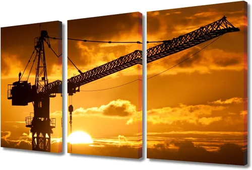 Vista 41 de TUMOVO Arte de pared con diseño de grúa para dormitorio, 3 piezas de grúa pesada al anochecer en un sitio de construcción, póster, pintura, arte