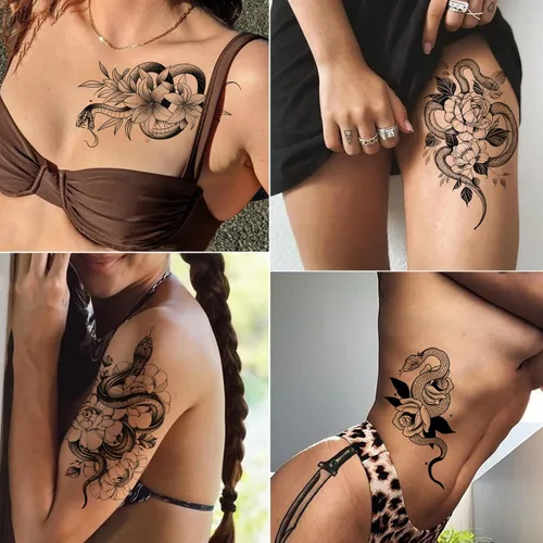 Vista 2 de Tazimi Tatuajes temporales de serpiente, 12 hojas 3D negras realistas de serpiente, rosa, tatuajes florales, calcomanías grandes y sexys