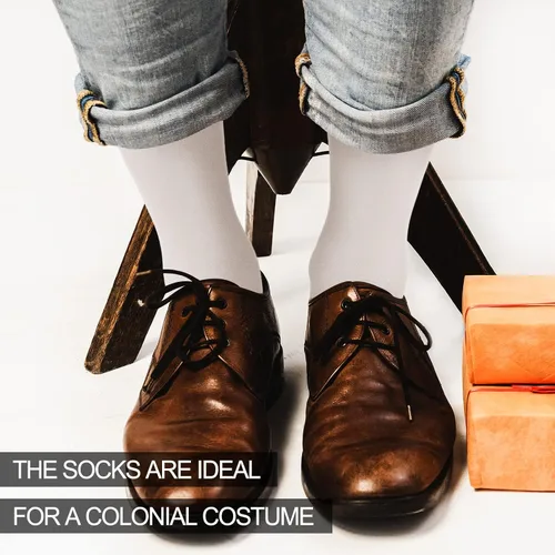 Vista 6 de Eurzom 3 pares de calcetines coloniales para hombre, accesorios de disfraz colonial, calcetines blancos hasta la rodilla para adultos, Halloween